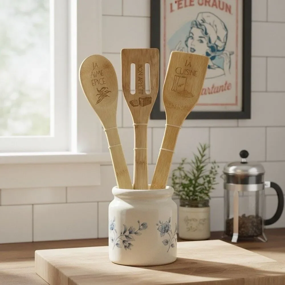 Core Bamboo Utensils Set of 3 Expressions French Engraved Kitchen Tools New